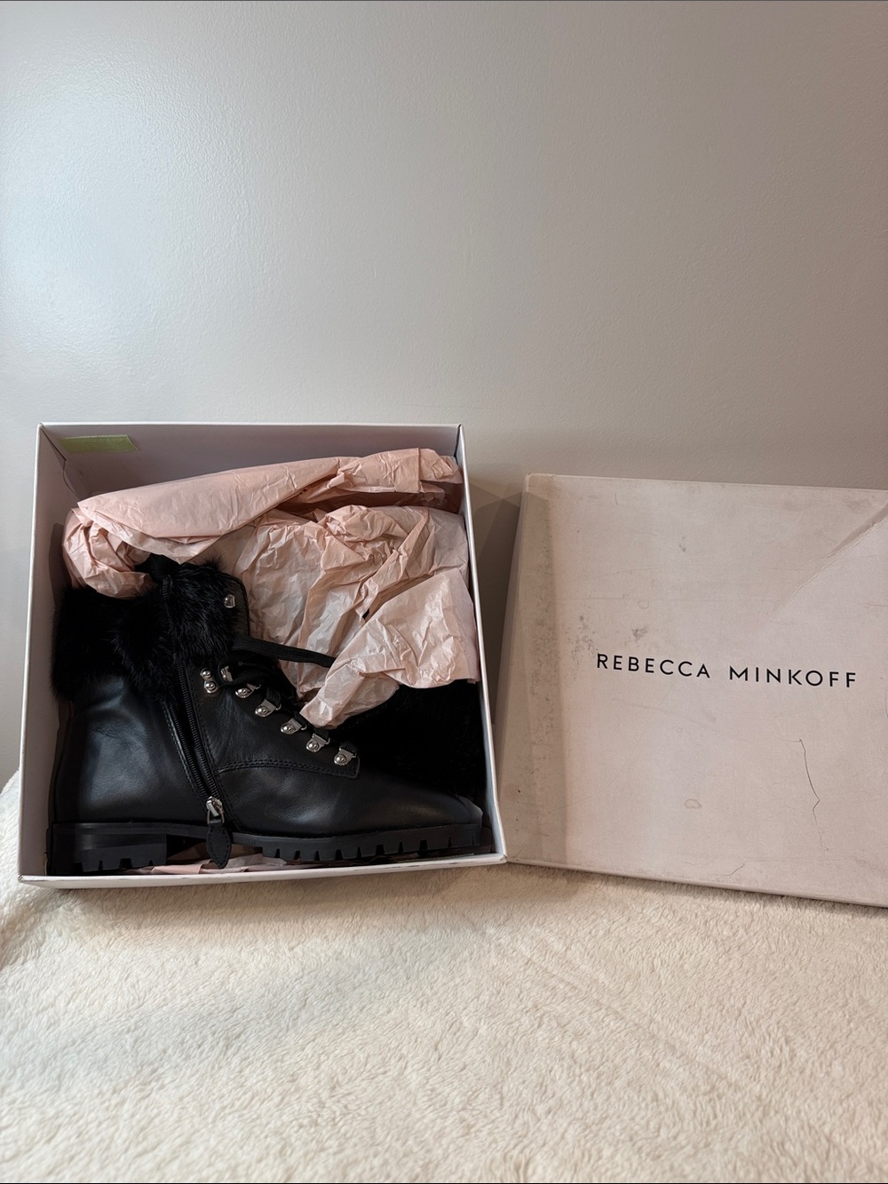 Rebecca Minkoff Black Leather Lug Sole Lace-Up Boots with Fur Collar (107)
